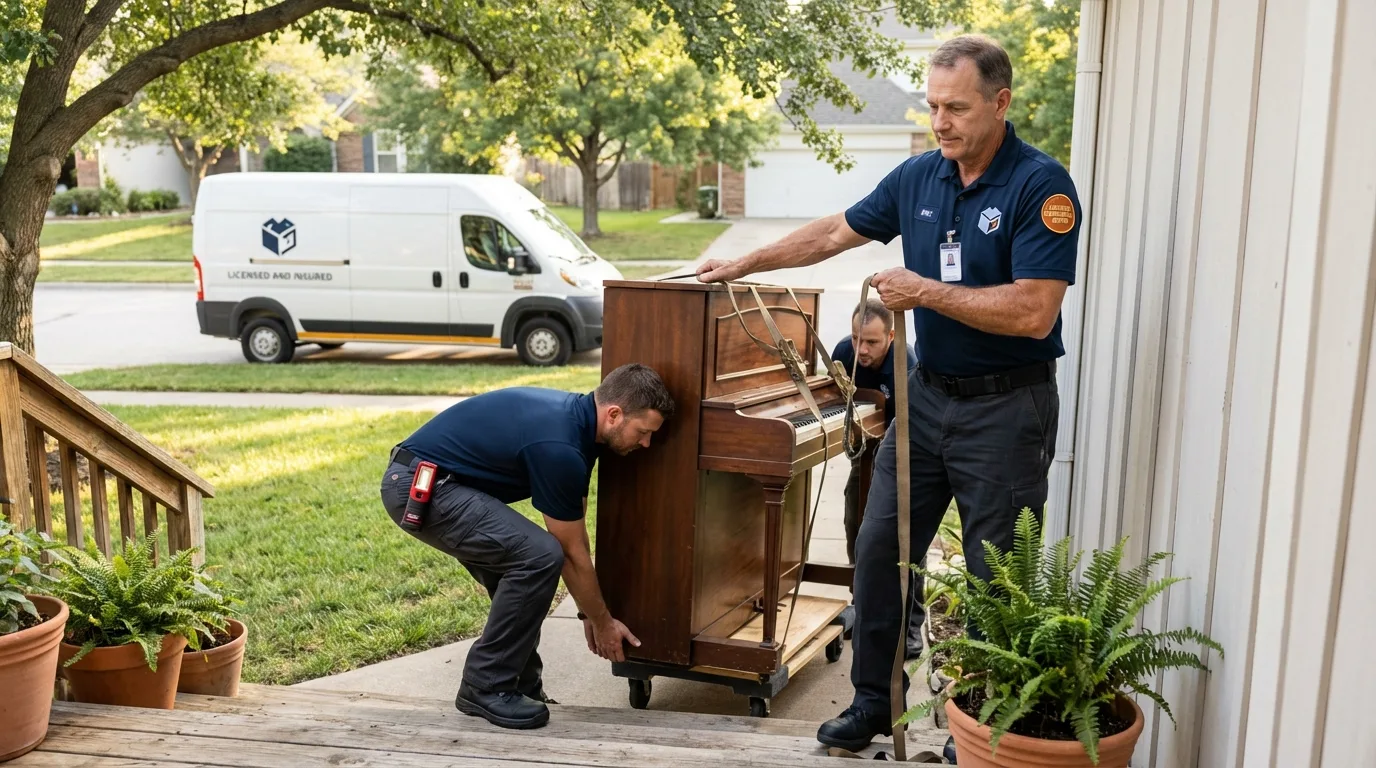 Licensed piano movers securing grand piano in Sullivan, ME