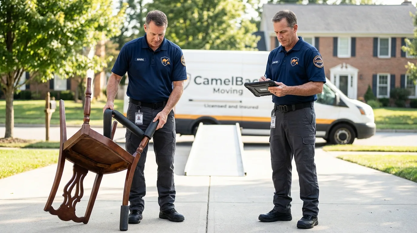 Movers inspecting furniture for damage prevention before loading in Sullivan, ME