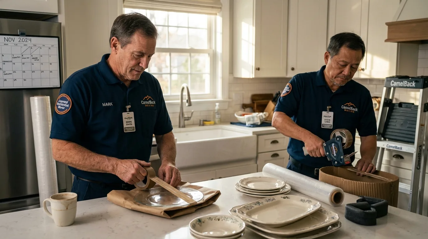 Professional crew packing kitchen dishware in Sullivan, ME
